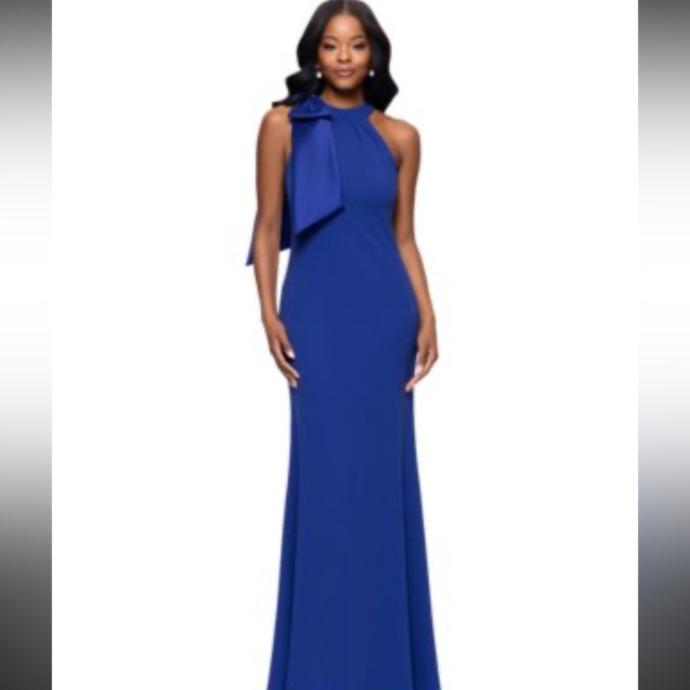 Betsy & Adam Solid blue Gown with Oversized Bow